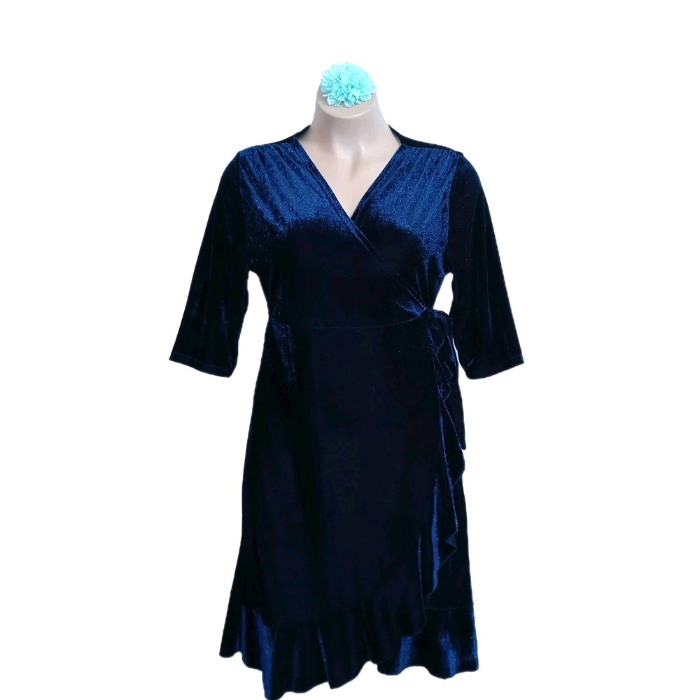 Velvet Velour Wrap Dress Women 2XL Blue Ruffle Classic Holiday Party Minimalist